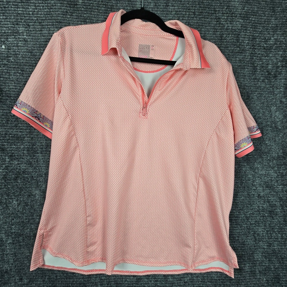 Lucky in Love Womens Golf Polo Shirt XL Coral Pink Geometric Quarter Zip Top